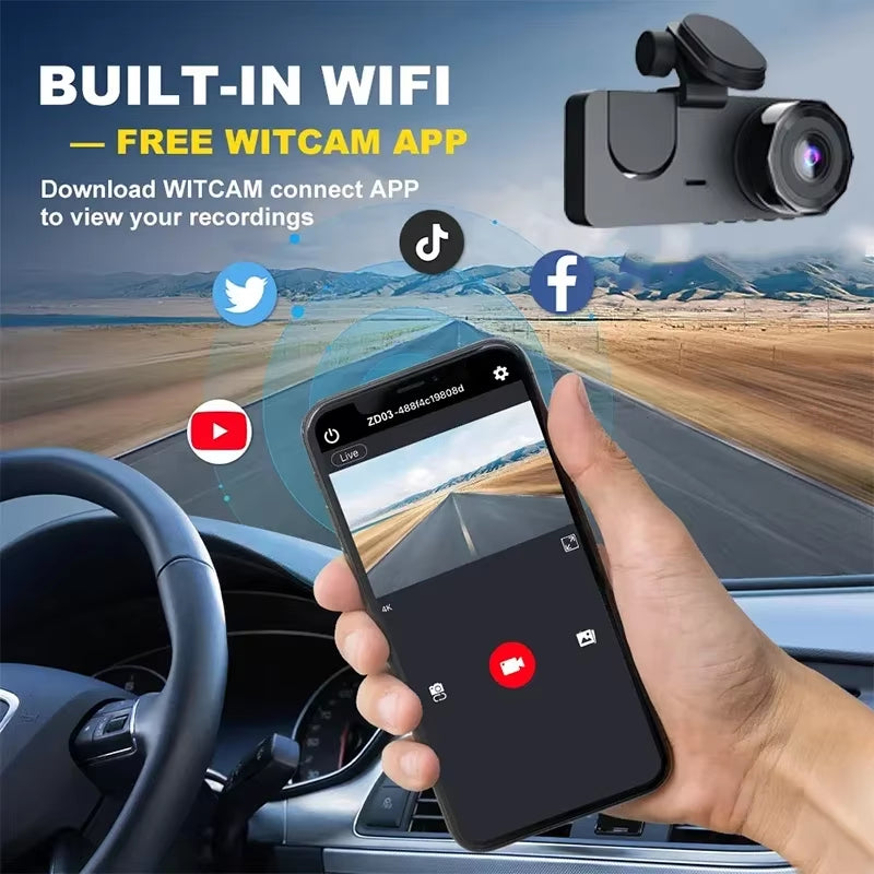 3 Channel Dash Cam, 1080P FHD Front and Rear inside Car Camera, Wifi APP Control, Night Vision, Parking Mode, Free 64G Card