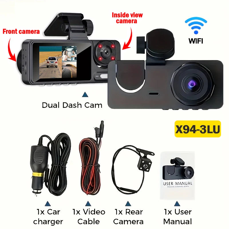 3 Channel Dash Cam, 1080P FHD Front and Rear inside Car Camera, Wifi APP Control, Night Vision, Parking Mode, Free 64G Card
