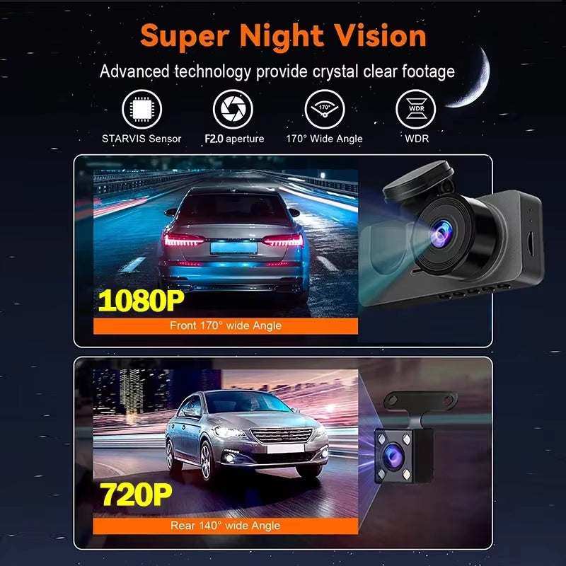 3 Channel Dash Cam, 1080P FHD Front and Rear inside Car Camera, Wifi APP Control, Night Vision, Parking Mode, Free 64G Card