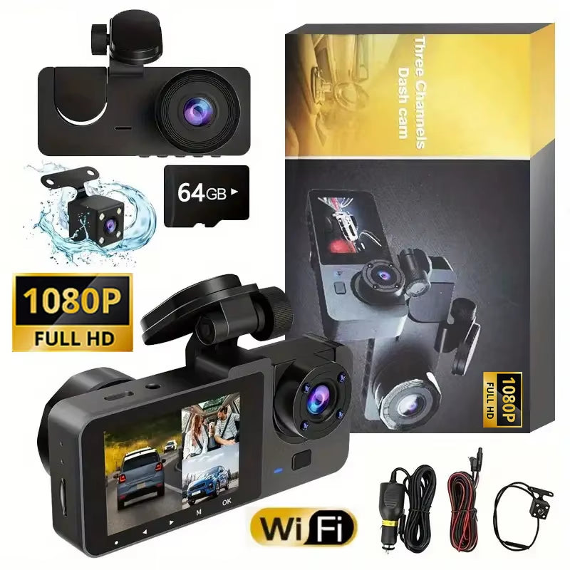 3 Channel Dash Cam, 1080P FHD Front and Rear inside Car Camera, Wifi APP Control, Night Vision, Parking Mode, Free 64G Card