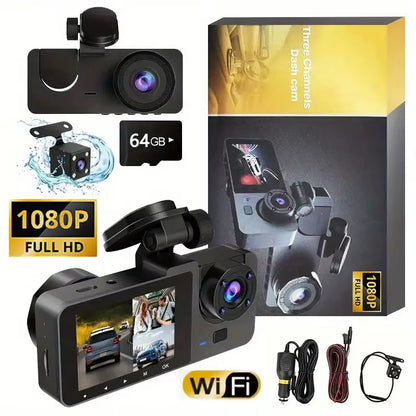 3 Channel Dash Cam, 1080P FHD Front and Rear inside Car Camera, Wifi APP Control, Night Vision, Parking Mode, Free 64G Card