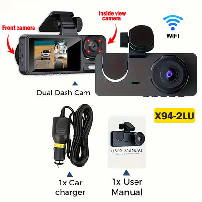 3 Channel Dash Cam, 1080P FHD Front and Rear inside Car Camera, Wifi APP Control, Night Vision, Parking Mode, Free 64G Card